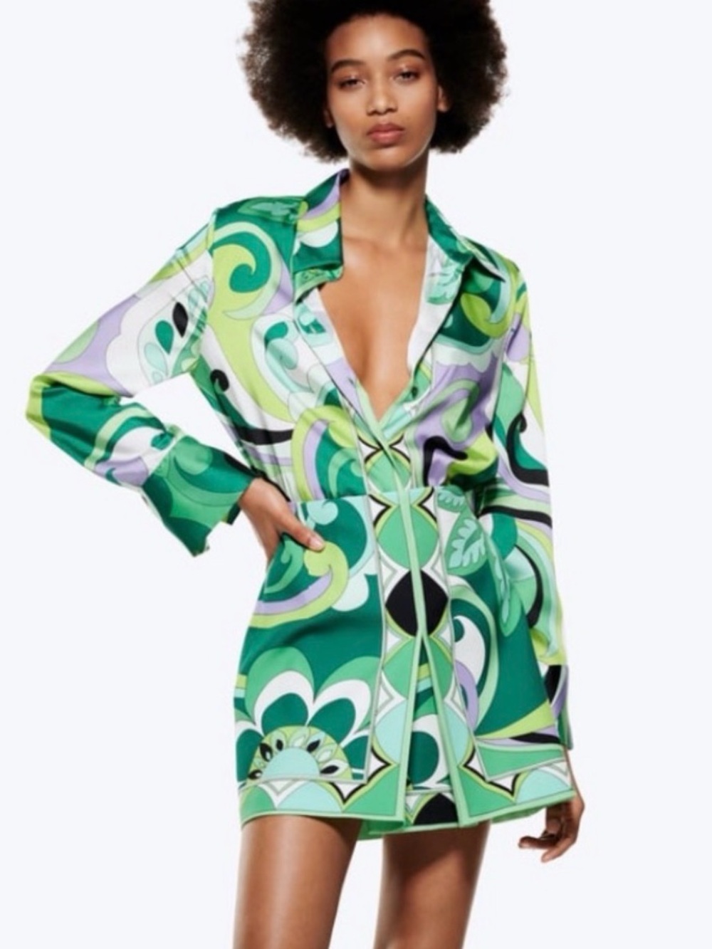 Zara Two Piece Printed Blouse And Skirt Set Green Medium NWT